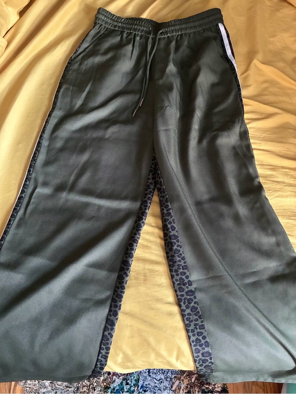 HALARA Olive Green Leopard Print Satin-Texture Track Pants with White Trim